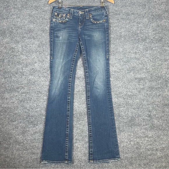 True Religion Women’s 26 Becky Low Rise Bootcut Distressed Studded Blue Jeans - Picture 2 of 12